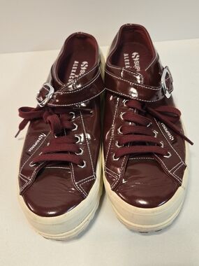 Superga Patent Platform Sneakers in Burgundy with Buckle